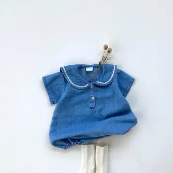 

2020 Summer Toddlers Baby Denim Soft Bodysuits Sailor Collar Korean Style Infants Clothes Casual Overalls Kids Jumpsuits