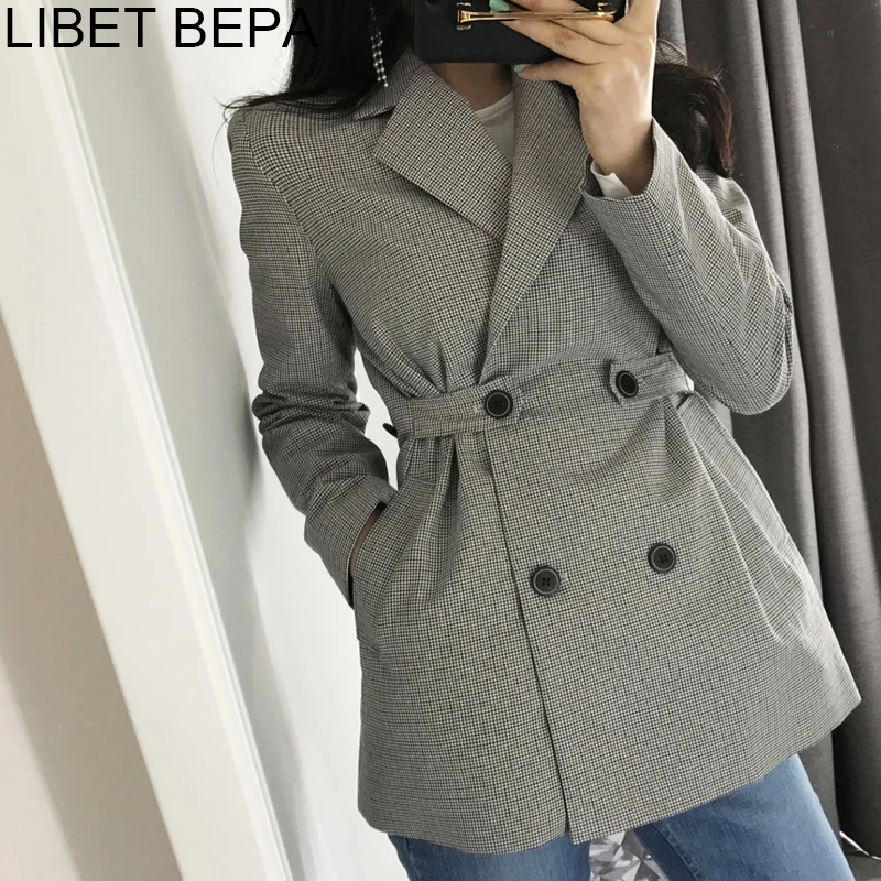 

2019 Autumn Winter Fashion Blazer Jacket Women Suit Plaid Long Sleeve Slit Elegant Double Breasted Outerwear Female Ladies BA152