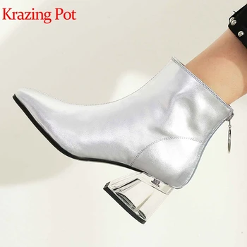 

Krazing pot genuine leather square oe crystal high heels Hollywood circle zipper Chelsea boots runway handmade ankle boots l86