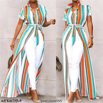 

hirigin 2019 New Women Short Sleeve Asymmetrical Striped Shirt Tops Deep V-neck Buttons Belt Shirt Outwear Long Maxi Shirt Dress