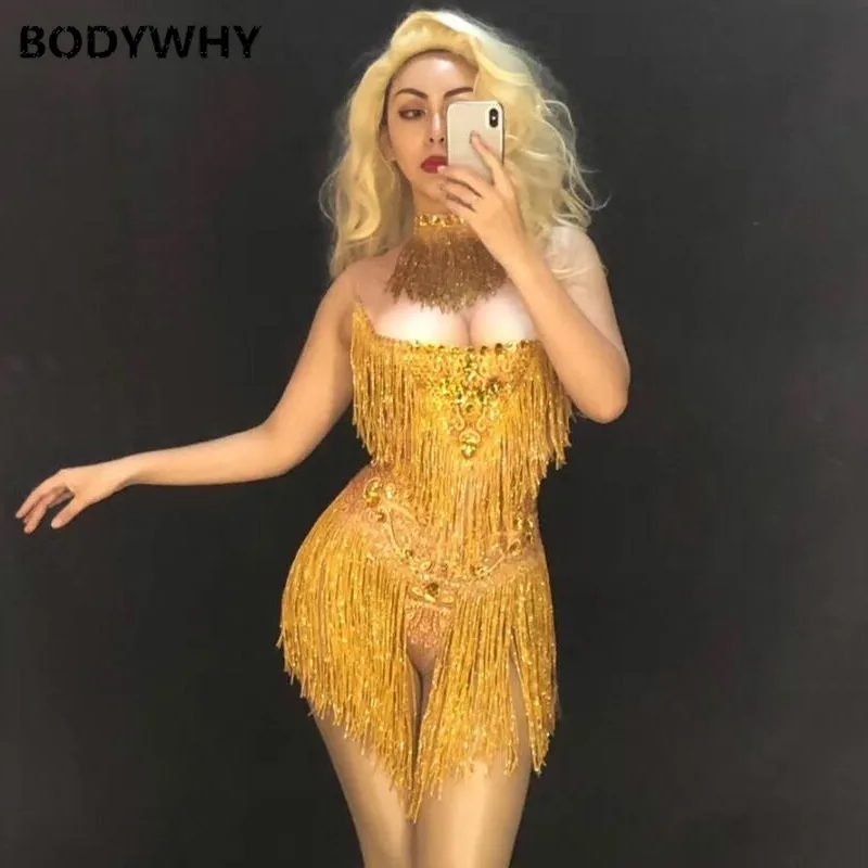  Performance Stage Wear Women Prom Party Stretch Rhinestones Tassel Bodysuit Sexy Dance Fringes Cost
