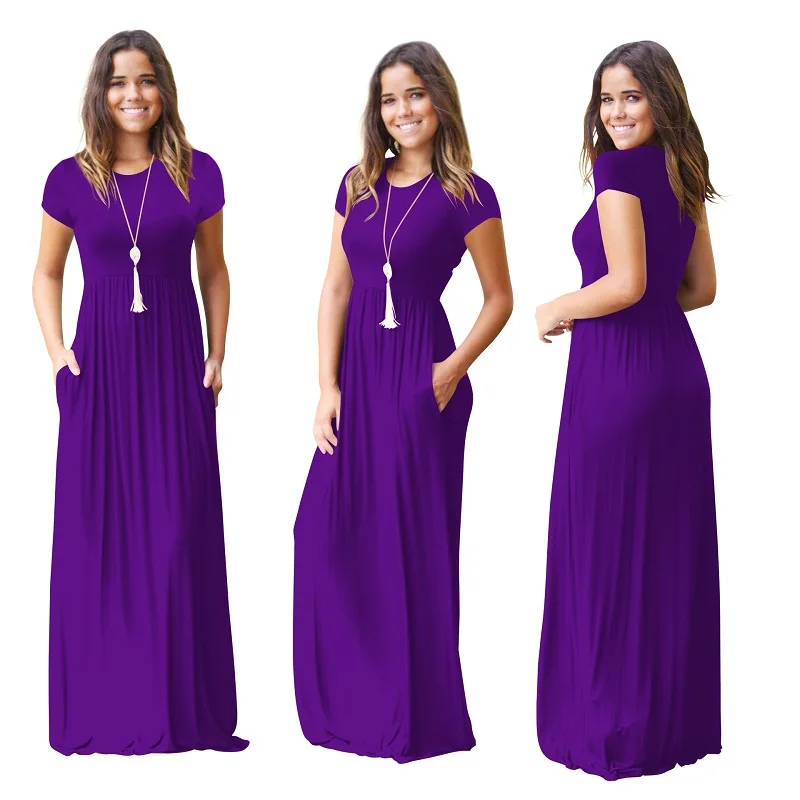 Summer Women Short Sleeve Tunic Plain Maxi Dress Casual Long Dresses With  Pocket Clothes 2xl Purple Green Black Burgundy Dress - Dresses - AliExpress