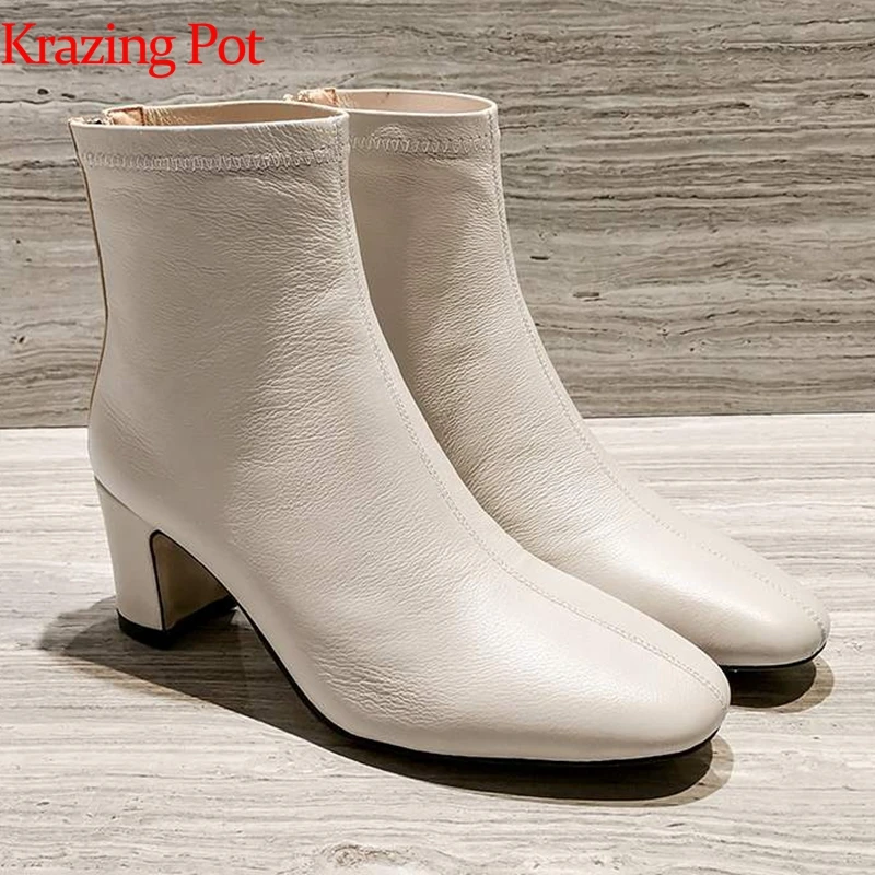 

Krazing pot cow leather square toe Chelsea boots European designer high heel zipper basic clothing concise style ankle boots L55