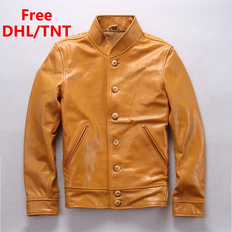 Yellow Genuine Leather Jacket Men's Autumn Winter Vintage Business Zipper Stand Collar Jackets Male Fast Ship Free DHL/TNT mens sheepskin coat