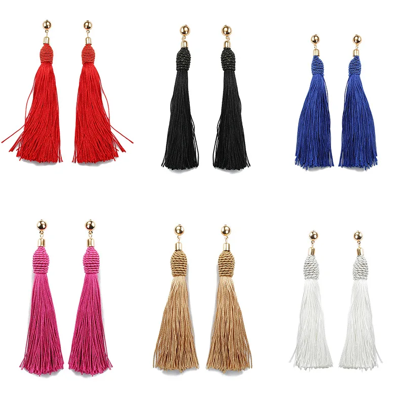 

wholedale Fashion Bohemian Tassel Long Earrings Black White Red Silk Fabric Drop Dangle Tassel Earrings For Women Jewelry