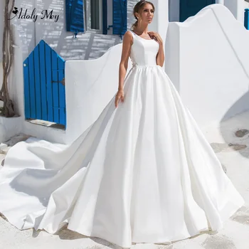 

Adoly Mey Romantic Scoop Neck Backless Satin A-Line Wedding Dresses 2020 Luxury Beaded Appliques Court Train Princess Bride Gown