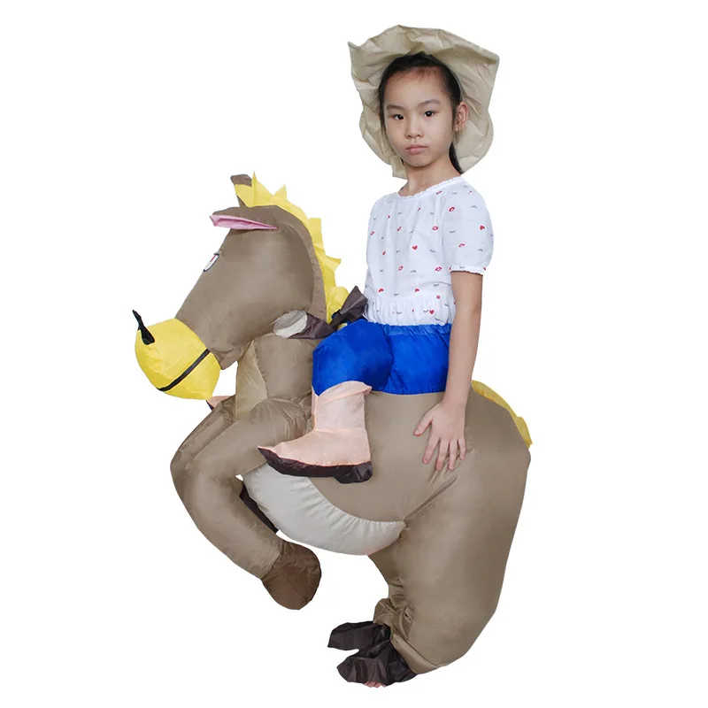 Пурим Единорог динозавр надувной костюм Фламинго ковбой Тигр талисман Косплей Костюм призрак Хэллоуин платье для взрослых детей - Цвет: Kid Ride on Horse