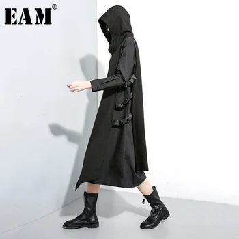 

[EAM] Women Black Buckle Split Joint Two Piece Dress New Hooded Long Sleeve Loose Fit Fashion Tide Spring Autumn 2020 1K035