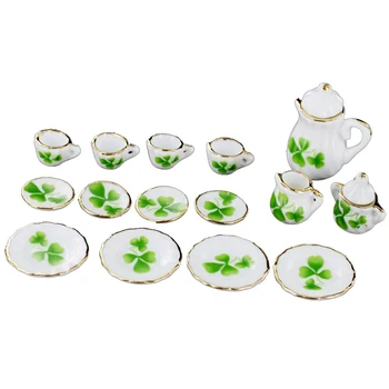 

1/12 Dollhouse Miniature Dining Ware Porcelain Tea Set Pot Cup Dish Set of 15 Clover Pattern