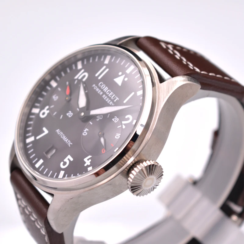 Роскошный Corgeut 42 мм черный циферблат Запас хода Дата Окно кожа Automaitc мужские наручные часы. D5