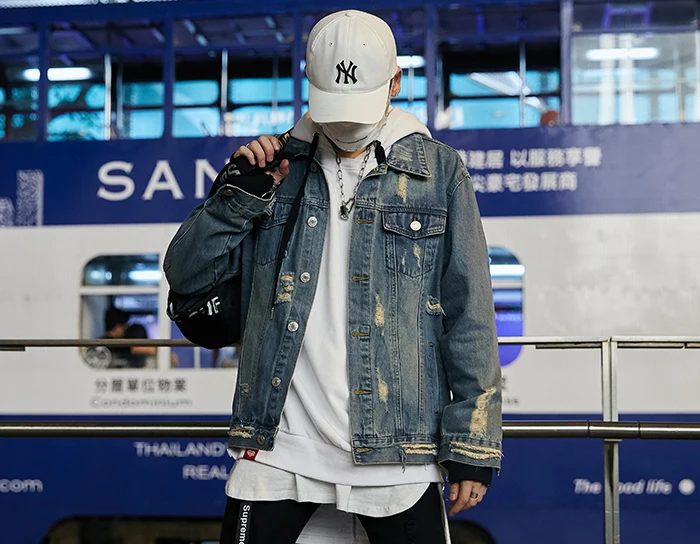 AELFRIC винтажные мужские повседневные джинсовые куртки модные Harajuku уличная с дырками мужские пальто хип хоп негабаритные пальто Верхняя одежда