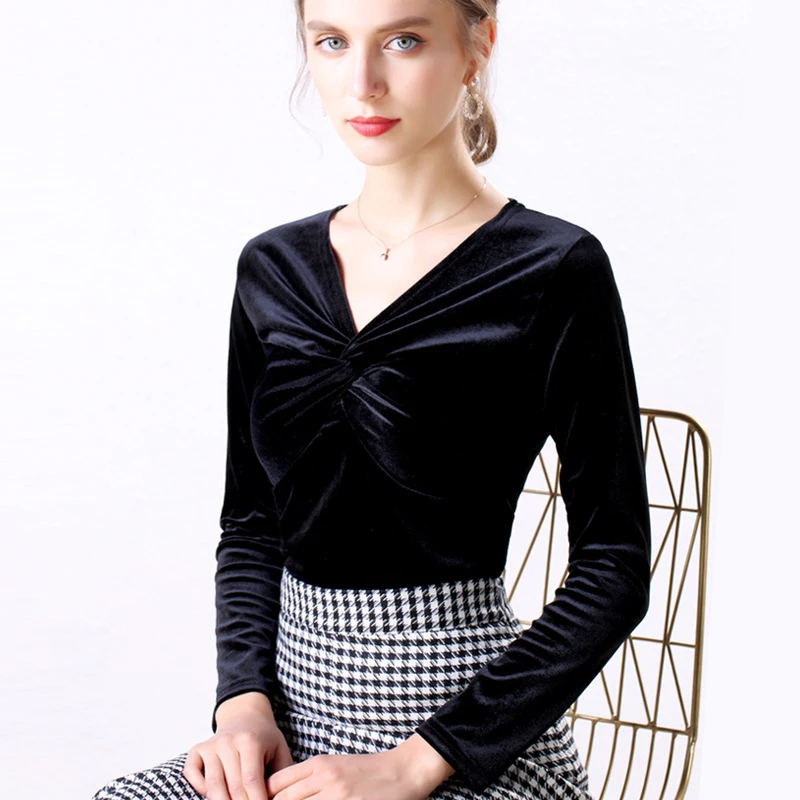 Сексуальные женские вельветовые Блузы с v образным вырезом и перекрещивающимися
