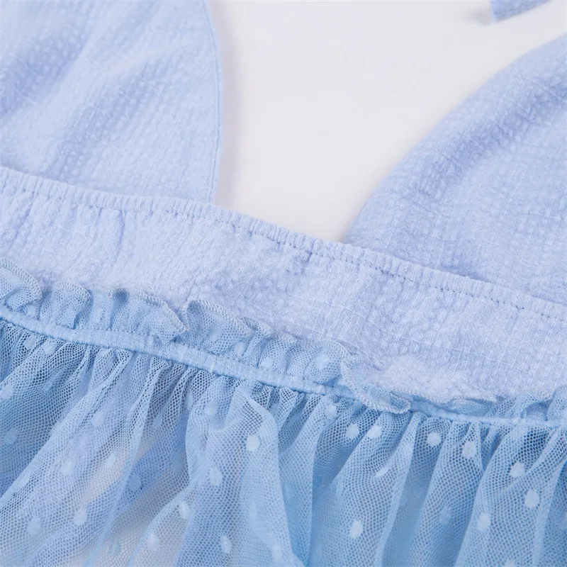 ArtSu Лоскутная Женская сетка Холтер Топ халат сексуальный глубокий v-образный вырез Boho топик открытая спина укороченный топ синий топик Cami ASVE20416