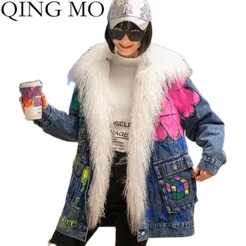 

QING MO White Blue Women Denim Parkas With Big Wool Collar Women Thick Warm Cotton Padded Coat Graffiti Printed Coat ZQY6050
