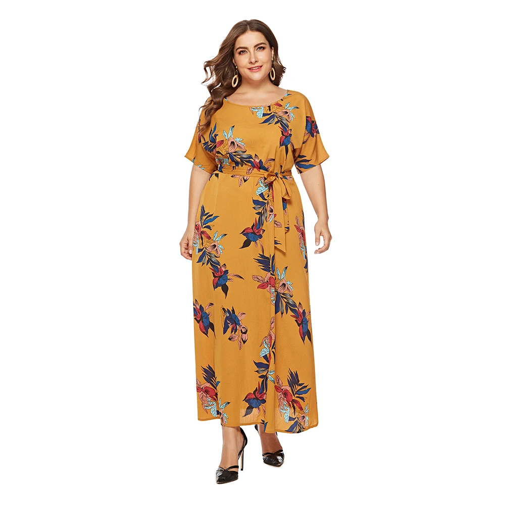 Женское винтажное платье макси с поясом летнее цветочным принтом и коротким