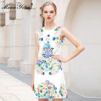

MoaaYina Fashion Designer dress Summer Women's Dress Sleeveless Floral Print Diamond Mini Dresses