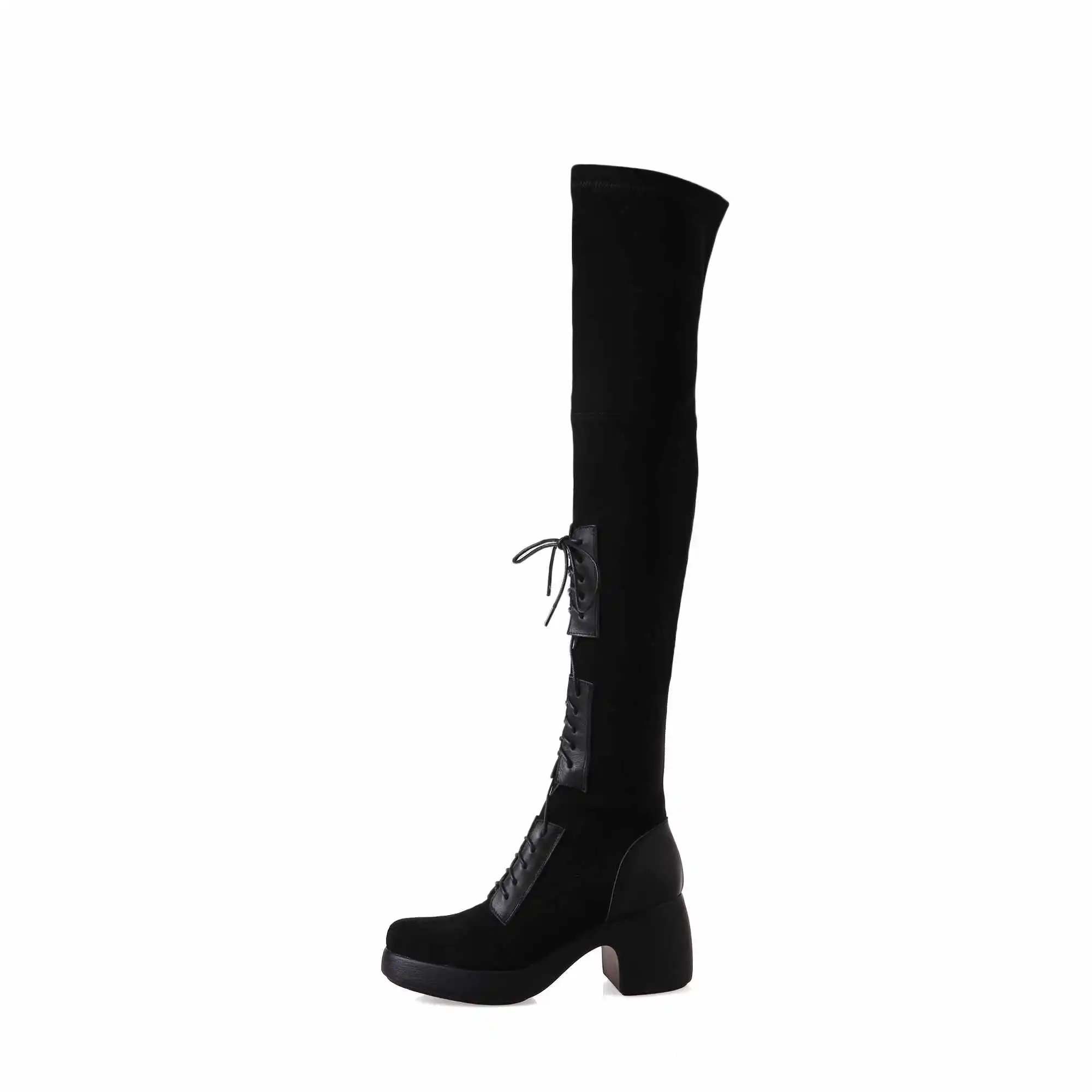 Lenkisen unique lace up stretch boots round toe high heels thick bottom winter keep warm women fashion over-the-knee boots L32