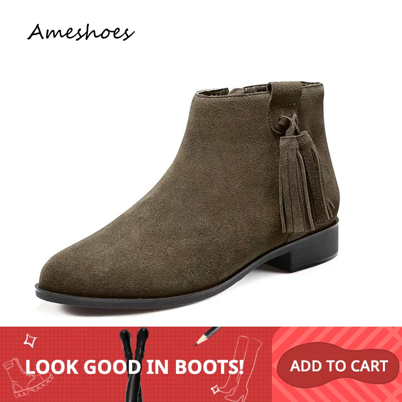 NEW Flock Leather Women Boots Dark Green Female Tassel Round Toe Zip-up Autumn/Winter Ankle Boots M887