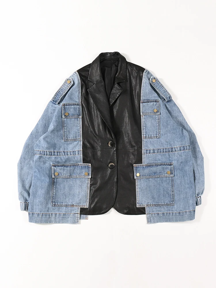 

2019 autumn and winter new stitching denim super large size loose sheep skin Korean version hip hop leather jacket