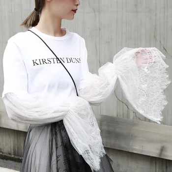 

2020 Time-limited Plus Size Vadim Korean Blouse Women Tops Free Shipping Autumn Eyelash Mesh Sleeve Loose Cotton Shirt Female