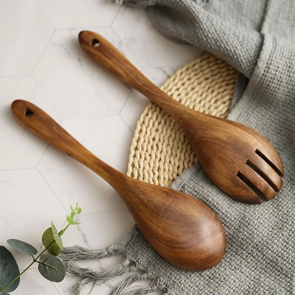 Reusable Wooden Retro Salad Sushi Fork Pasta Spoon Kitchen Cooking Utensil Tool