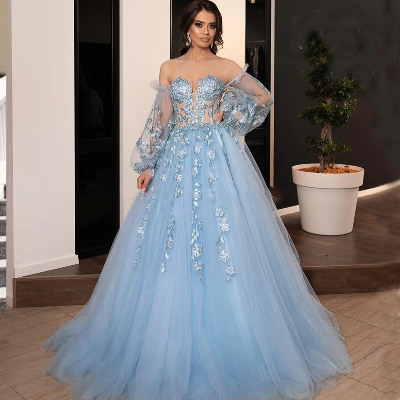 Evening Dress A-Line Off The Shoulder Sky Blue Puffy Sleeves Lace Appliques Evening Dresses Formal Party Gowns robe de soire white evening dresses Evening Dresses