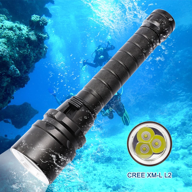 

Professional Diver Lamp Flashlight 100M Underwater 6000LM CREE XM-L2 LED White Light Scuba Diving Flashlight Torch w battery