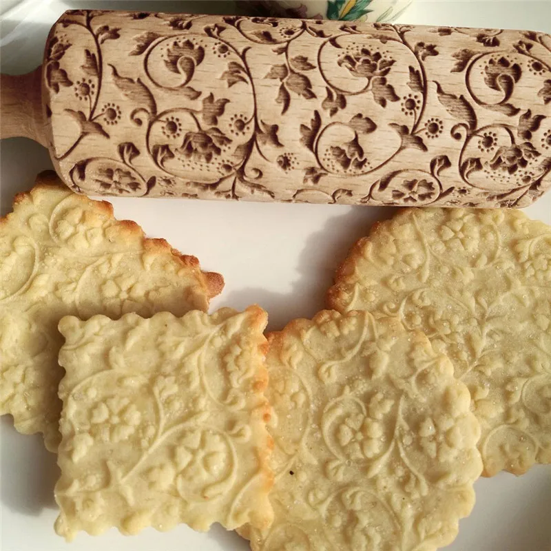 rolling pin Christmas Rolling Pin Engraved Carved Wood Embossed Rolling Pin Kitchen Tool rouleau patisserie motif #4D11 (3)