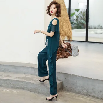 

2020 Women's solid color round collar shoulder-length lotus leaf sleeve jumpsuit temperament light mature jumpsuit pants