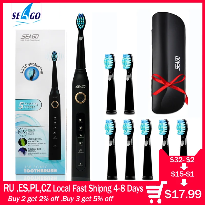 Ultrasonic Electric Toothbrush Rechargeable 5 Modes 2 Min Timer USB Charging
