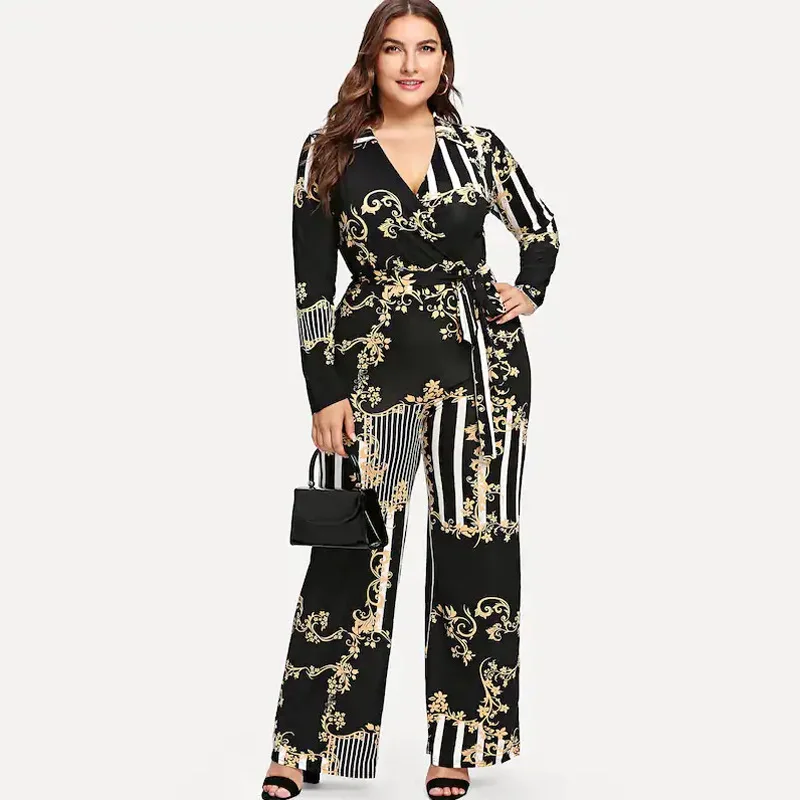 

Obese women plus size women's European and American autumn and winter printed trousers jumpsuit feminine sense