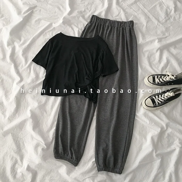 Casual Long Pant Set Women Short Sleeve T-shirt + Elastic High Waist Harem Pant Trouser Matching Set