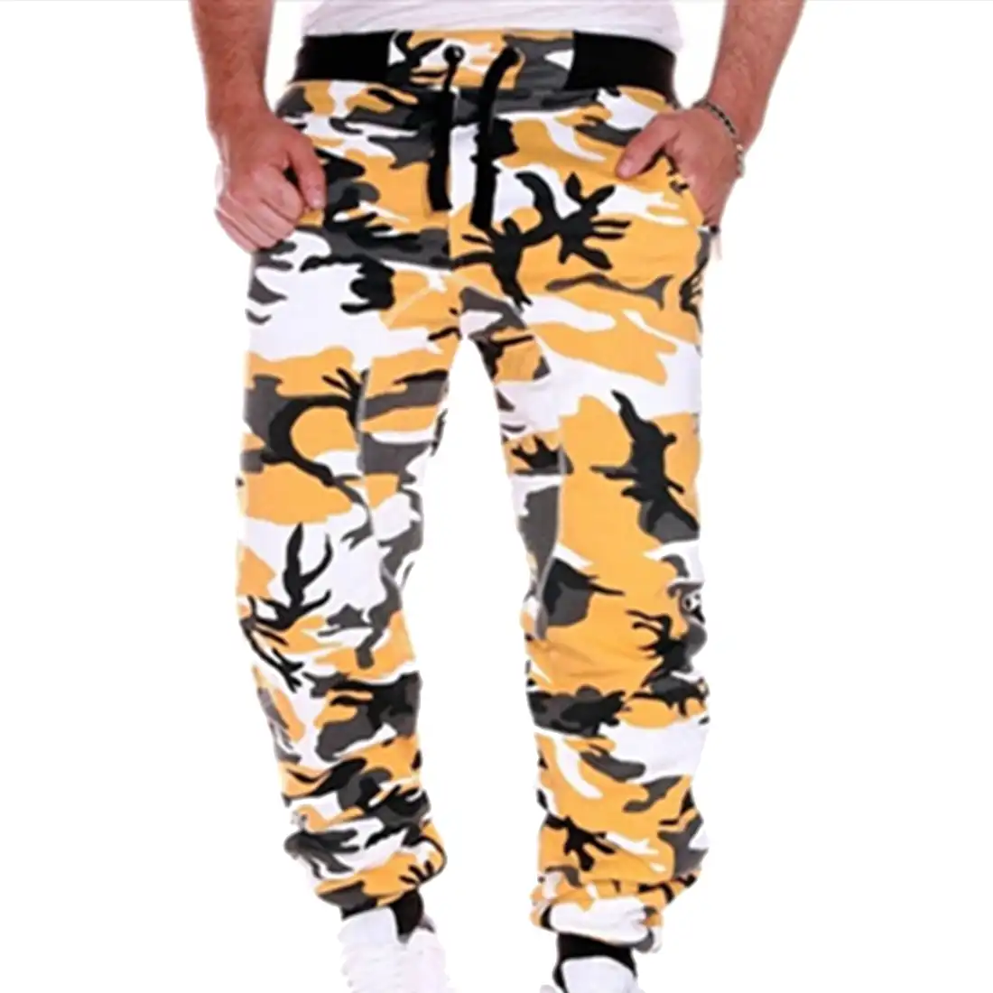 camo pants with yellow stripe