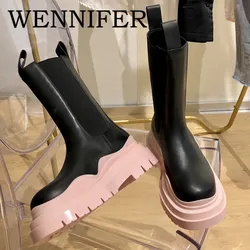 2021 Leather Tire Two-Tone Women Boots Round Toe Mid-Calf Thick Sole  Chelsea Boots Hiking Casual Chunky Heels Botas De Mujer