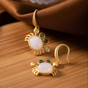 

Silver inlaid natural Hetian white jade small crab Earrings Chinese style retro fresh romantic charming women's brand jewelry