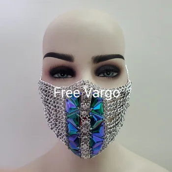 

Holographic Green Rhinestone Burning Man Crystal Chain Half Face Mask Rave Mask Stage Dj Wear Costumes Festival Mask Unisex
