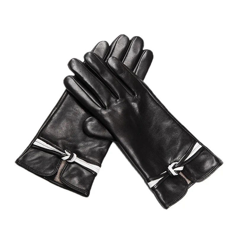 New Genuine Leather Women's Gloves Autumn Winter Thermal Wool Knitted Lined Sheepskin Gloves Female Black Wine Red L0131-9