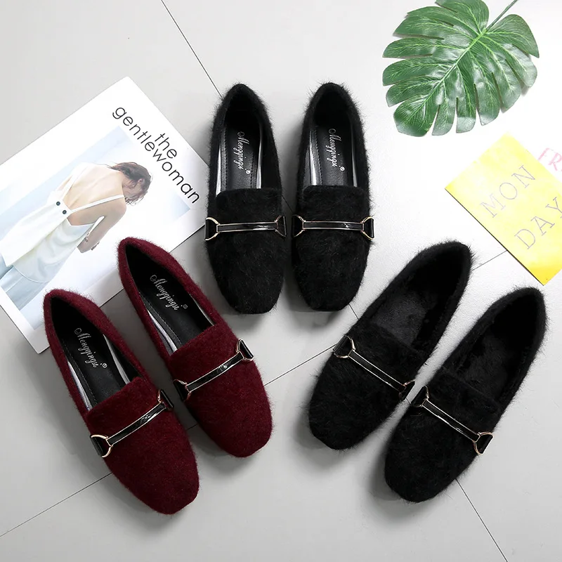 

Shoes Woman Slip on Flats Loafers Mink Fur Slide Metal Decoration Square Toe Shoes Casual Big Size Black Wine Red Zapatos Mujer