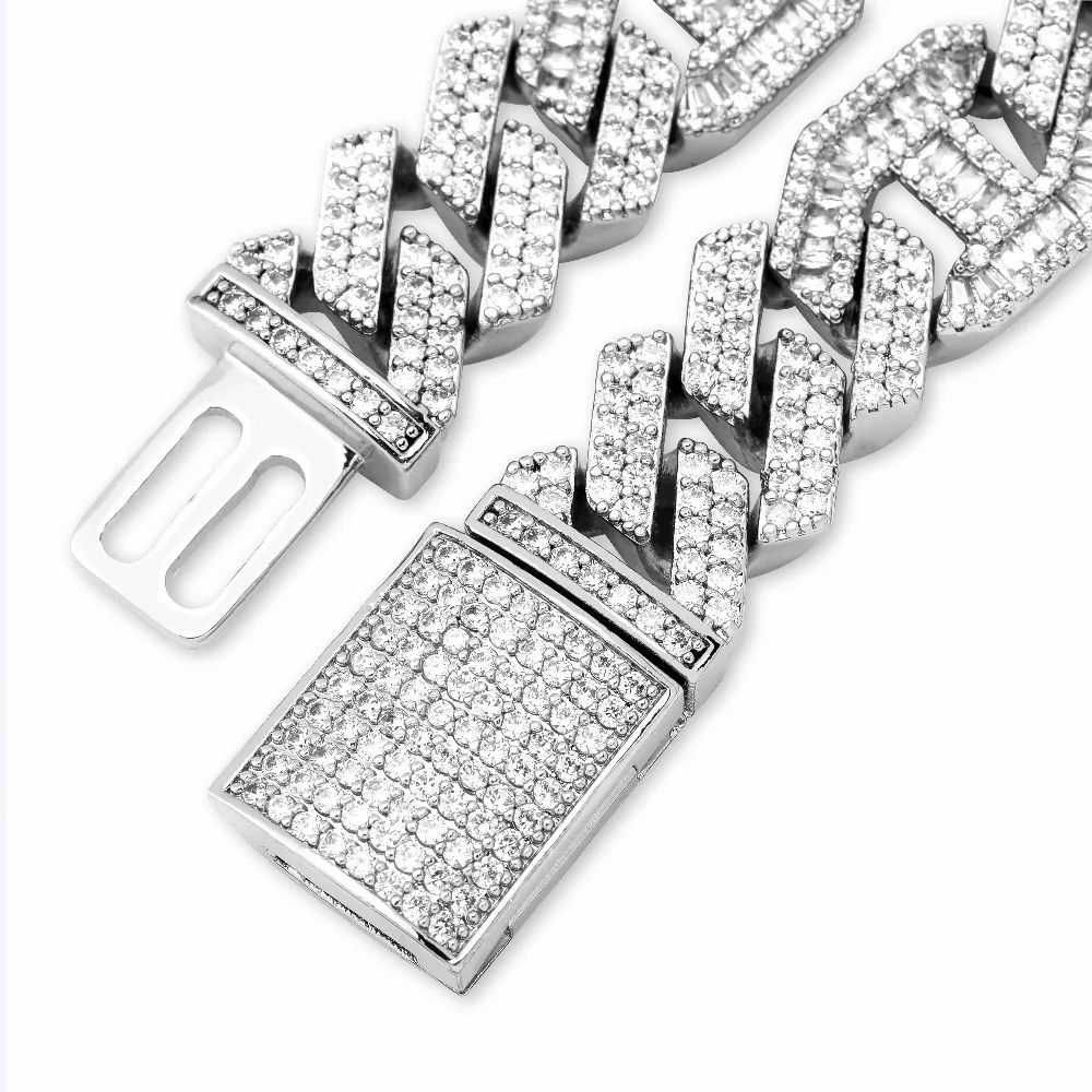 JINAO Мужская цепочка 14 мм, циркониевое ожерелье из фианита, кубинское звено, багет, циркон, украшение в стиле хип-хоп, золото, серебро, розовое золото, 16-30