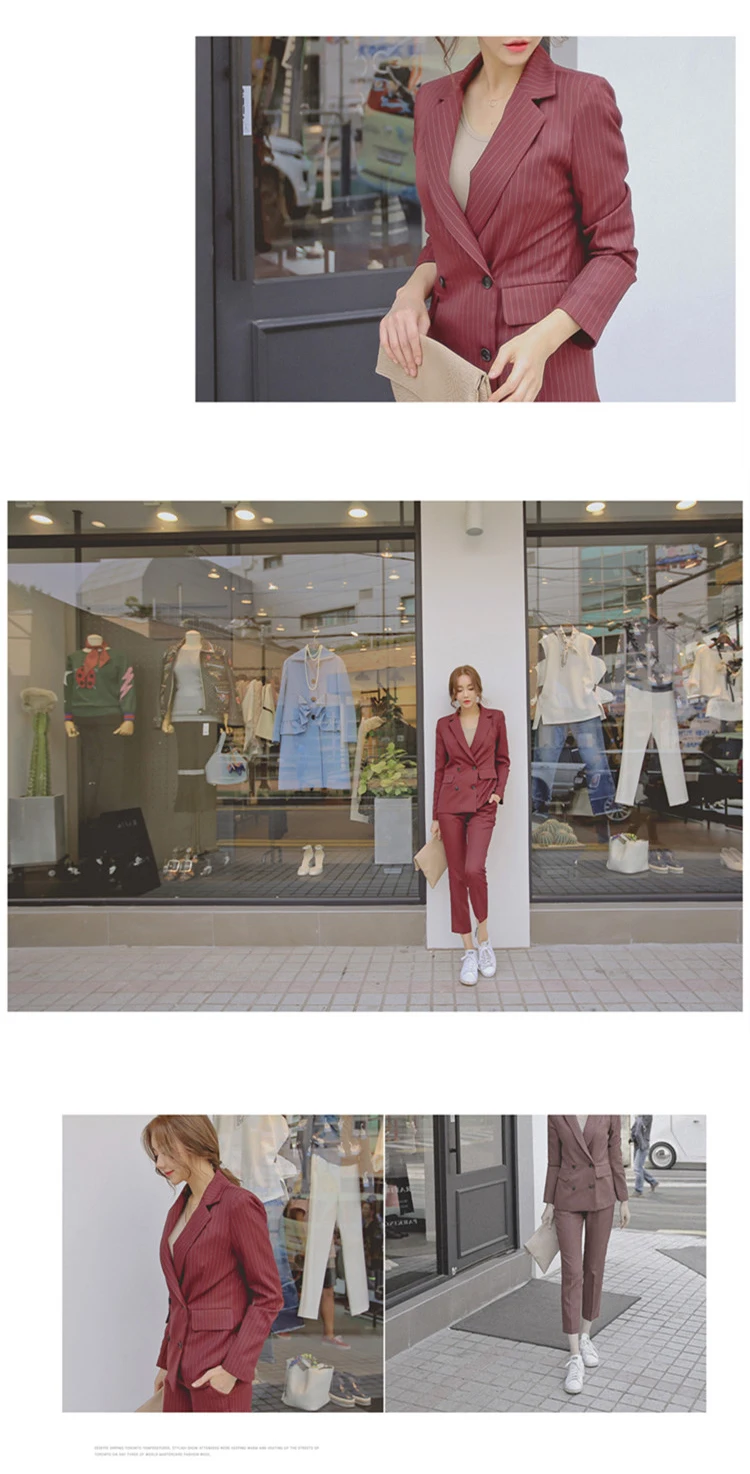 Классические Полосатые женские брючные костюмы, официальный двубортный пиджак и брюки-карандаш, деловая рабочая одежда, Женский комплект из 2 предметов