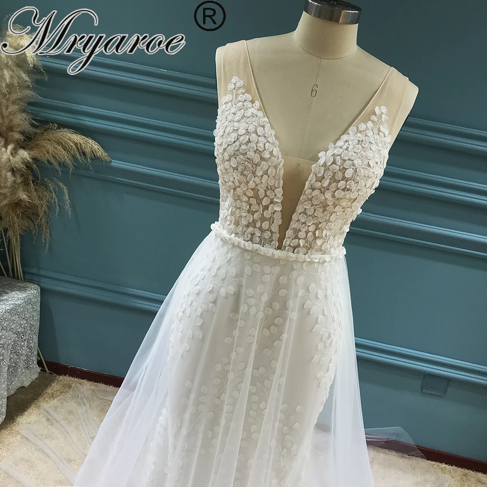 Mryarce Elegant Sleevesless 3D Luxury Lace Wedding Dress Detachable Tulle Train Bridal Gowns