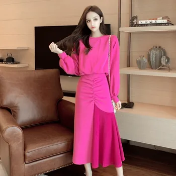 

2020 Spring Women OL Lady Hoodie Suit Set Loose Short Hollow Out Top + High Waist Splice Mermaid Skirt