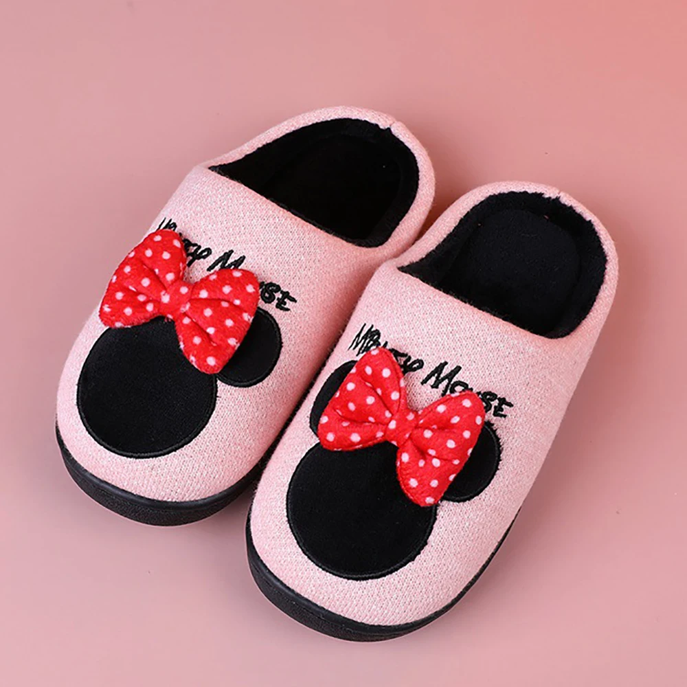 Disney Cartoon Home Cotton Slippers For Girls Cute Minnie Mouse Prints Indoor Shoes Student Soft Nonslip Warm Winter Slipper New