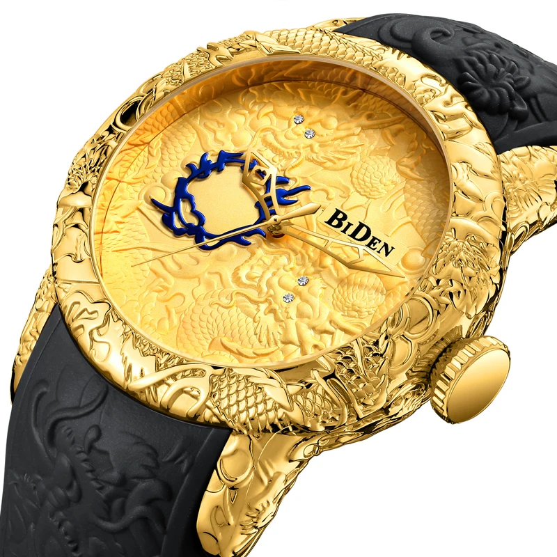 Creative 3D Sculpture Dragon Men Watch Laser Engrave Carving Gold Black Leather Band reloj negro hombre Men Male Wrist Watches