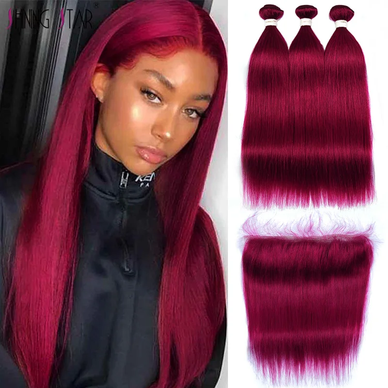 

13*4 Lace Front With Bundles Straight 99J Bundles With Clousre Peruvian Burgundy Human Hair Bundles With Front Shining Star Remy
