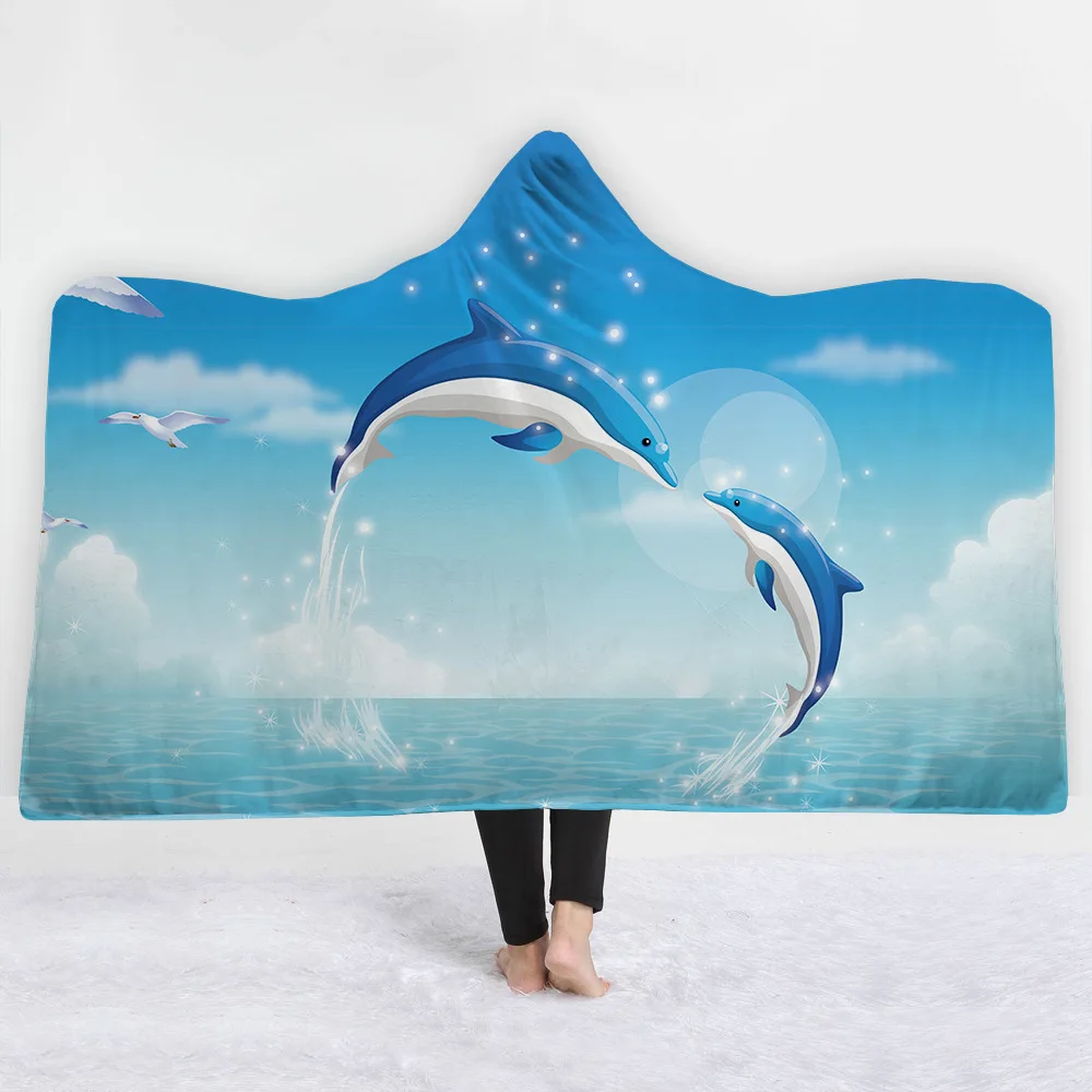 Одеяло с капюшоном с изображением дельфина из подводного мира, шерпа, флис, океан, синее, носимое, плюшевое одеяло на кровать, диван, толстое, теплое, B35