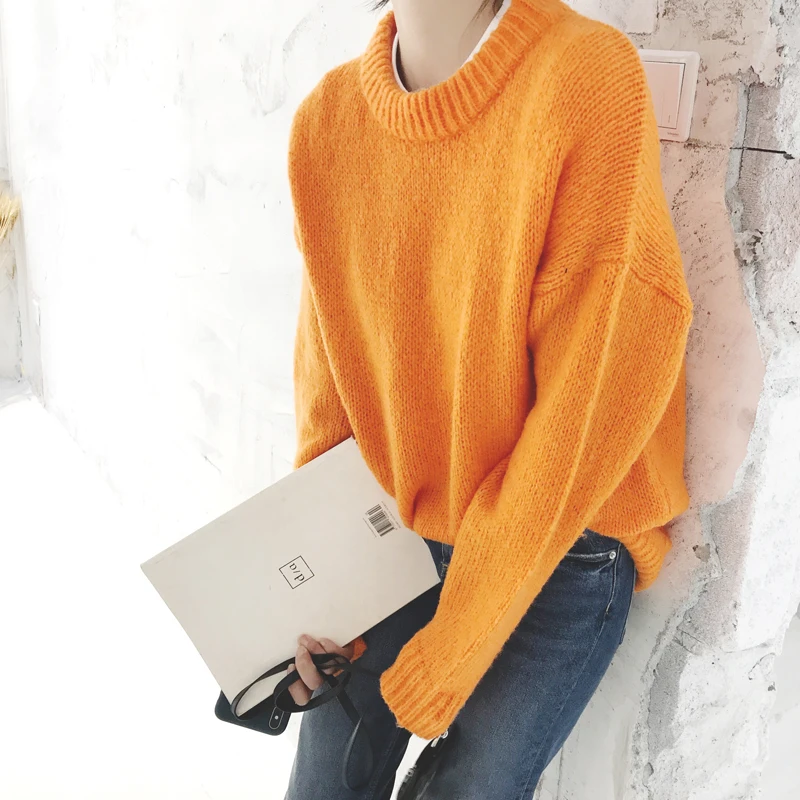 

Fall 2019 Woman Warm Orange Chunky O-Neck Knitted Sweater Mohair Soft Pullover Sweater