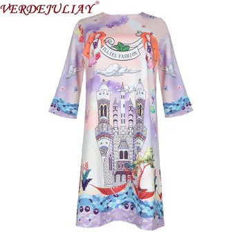 

VERDEJULIAY Sweety Mini Dress 2020 Spring Autumn New Fashion Beading Designer Half Sleeve Letter Flower Print Loose Dress