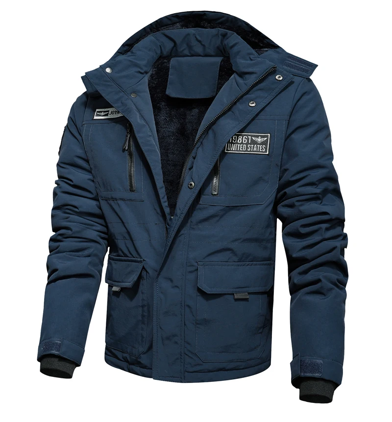 Dark blue Зимняя мужская куртка, брендовая одежда, модная повседневная Толстая Теплая мужская ветровка, армейские пальто, парки с капюшоном, верхняя одежда, флисовые пальто для мужчин - Цвет: Dark blue