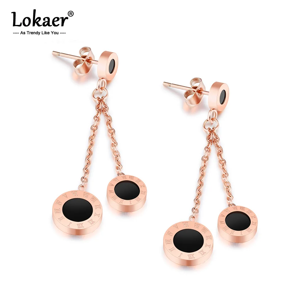 

Lokaer Trendy Black Acrylic Roman Numerals Tassel Earrings For Women Rose Gold Titanium stainless Steel Female Earrings E17088